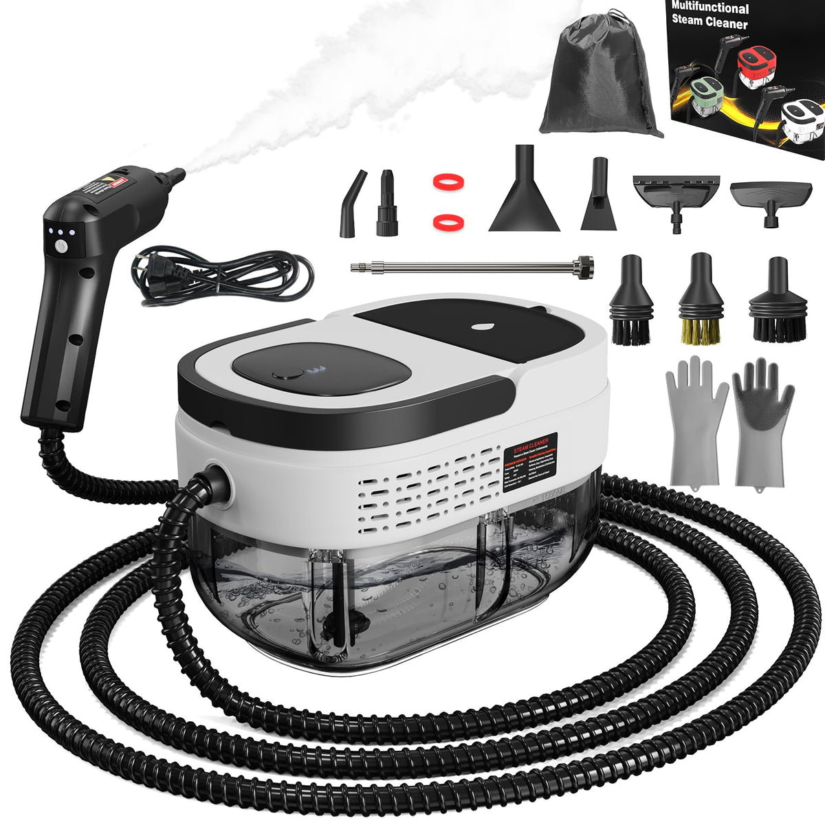 Goyappin handheld steam cleaner close-up nozzle showing powerful steam for deep cleaning.