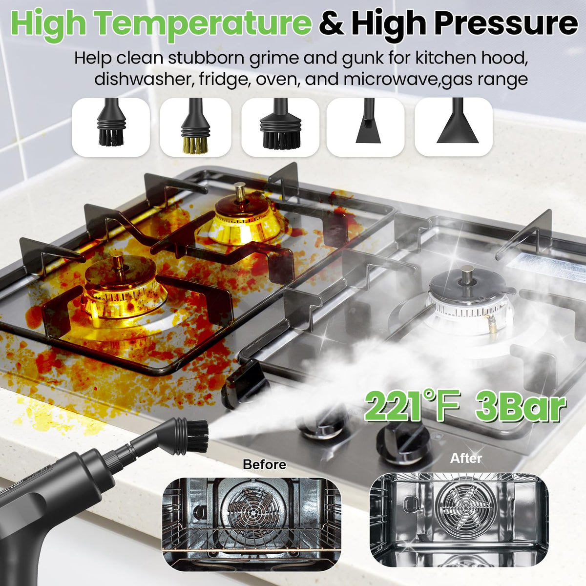 Goyappin steam cleaner shows three levels of steam control for different surfaces.
