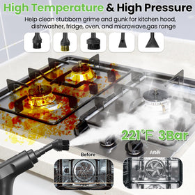 Goyappin steam cleaner shows three levels of steam control for different surfaces.