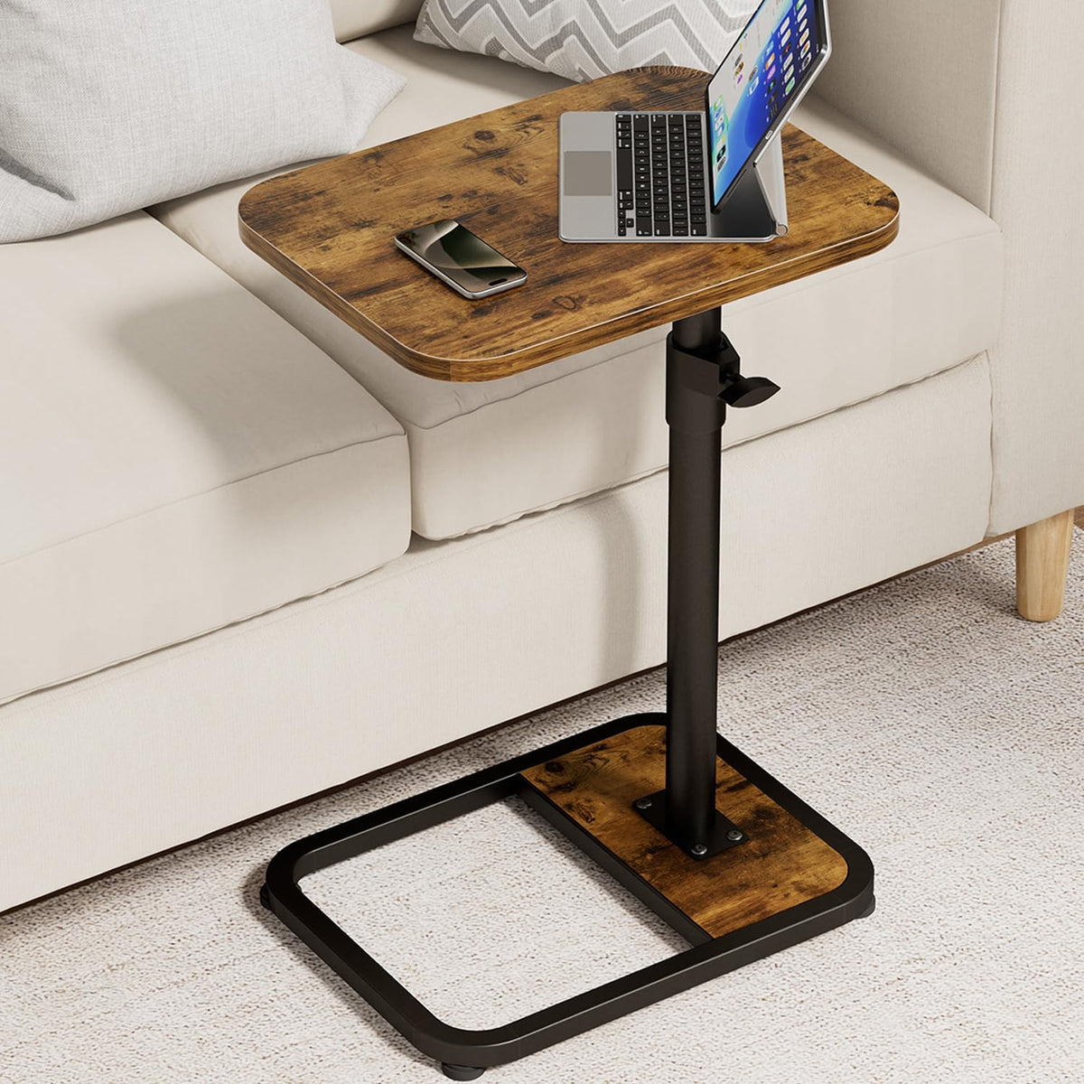 GOYLSER C-shaped small swivel end table beside sofa for easy snacks.