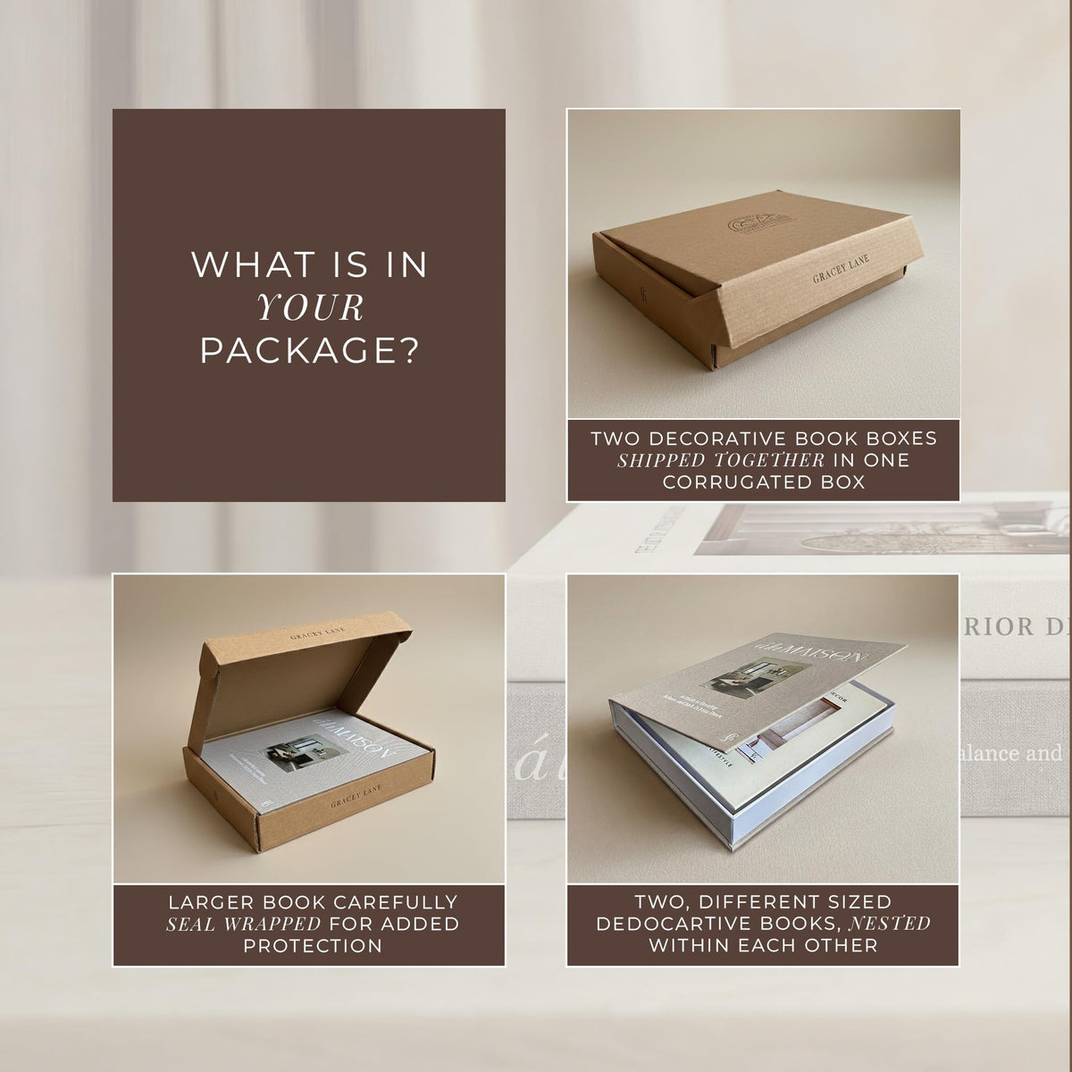 GRACEY LANE neutral-toned decorative books blending with modern living room interiors.