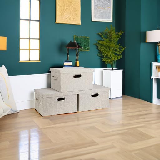 Graciadeco beige bins keep dust out while organizing wardrobe or office.