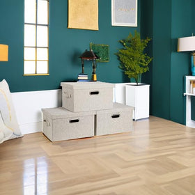 Graciadeco beige bins keep dust out while organizing wardrobe or office.