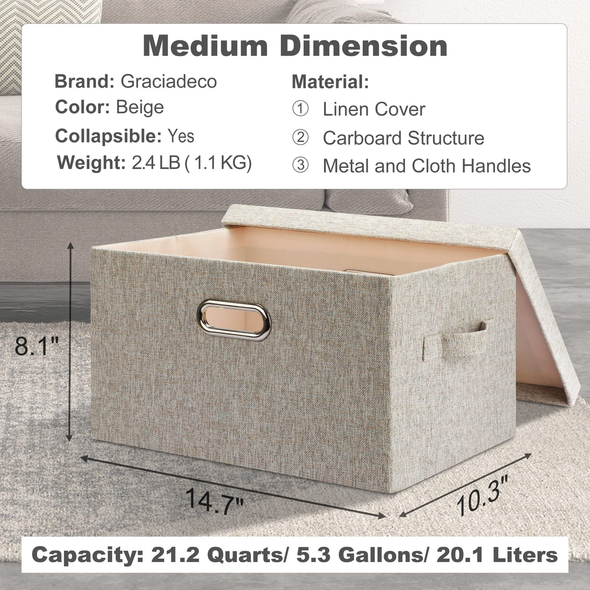 Graciadeco foldable beige bin with lid suitable for easy storage and transport.