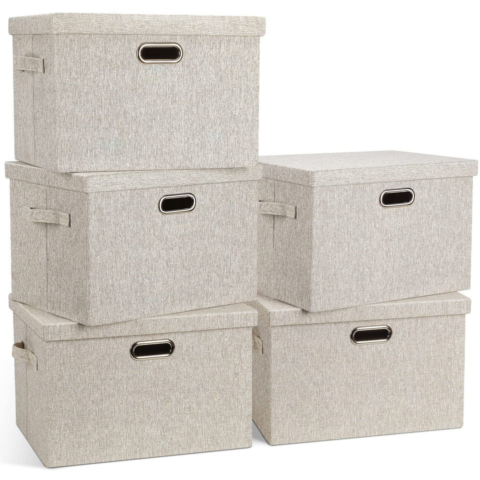 Graciadeco large 36-quart collapsible bin with lid in beige linen shields clothes from dust