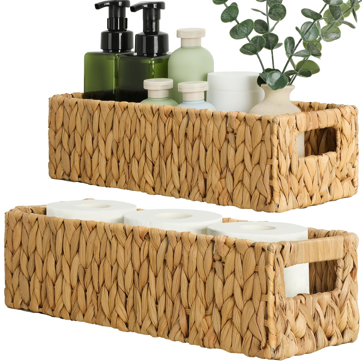 Graciadeco nesting basket on toilet tank for organized bathroom storage.