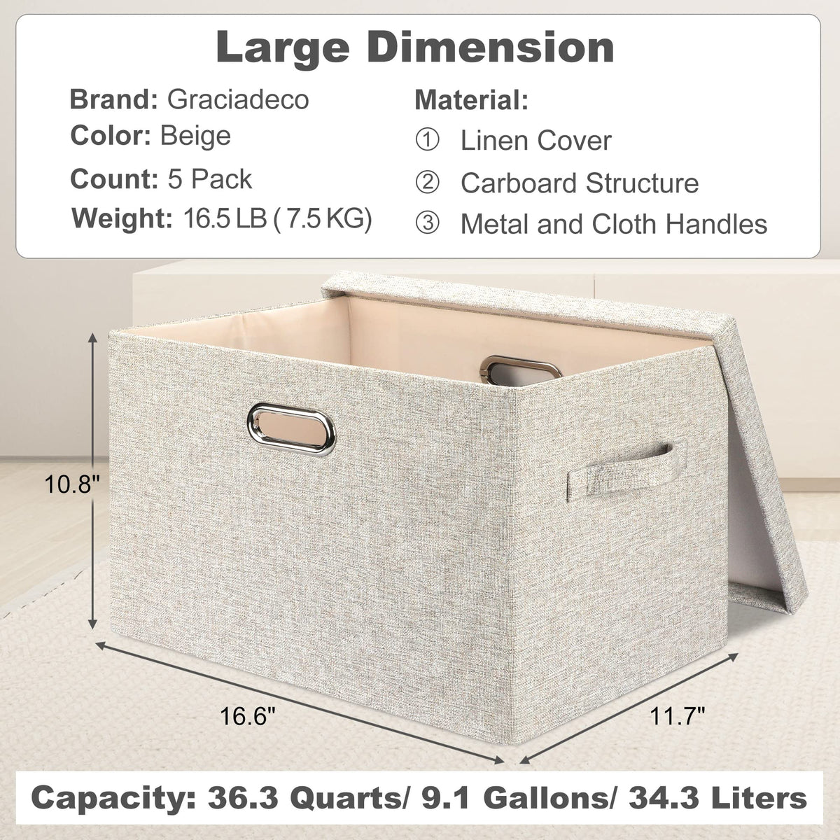 Graciadeco stackable bin beige linen lid side view maximizes closet space