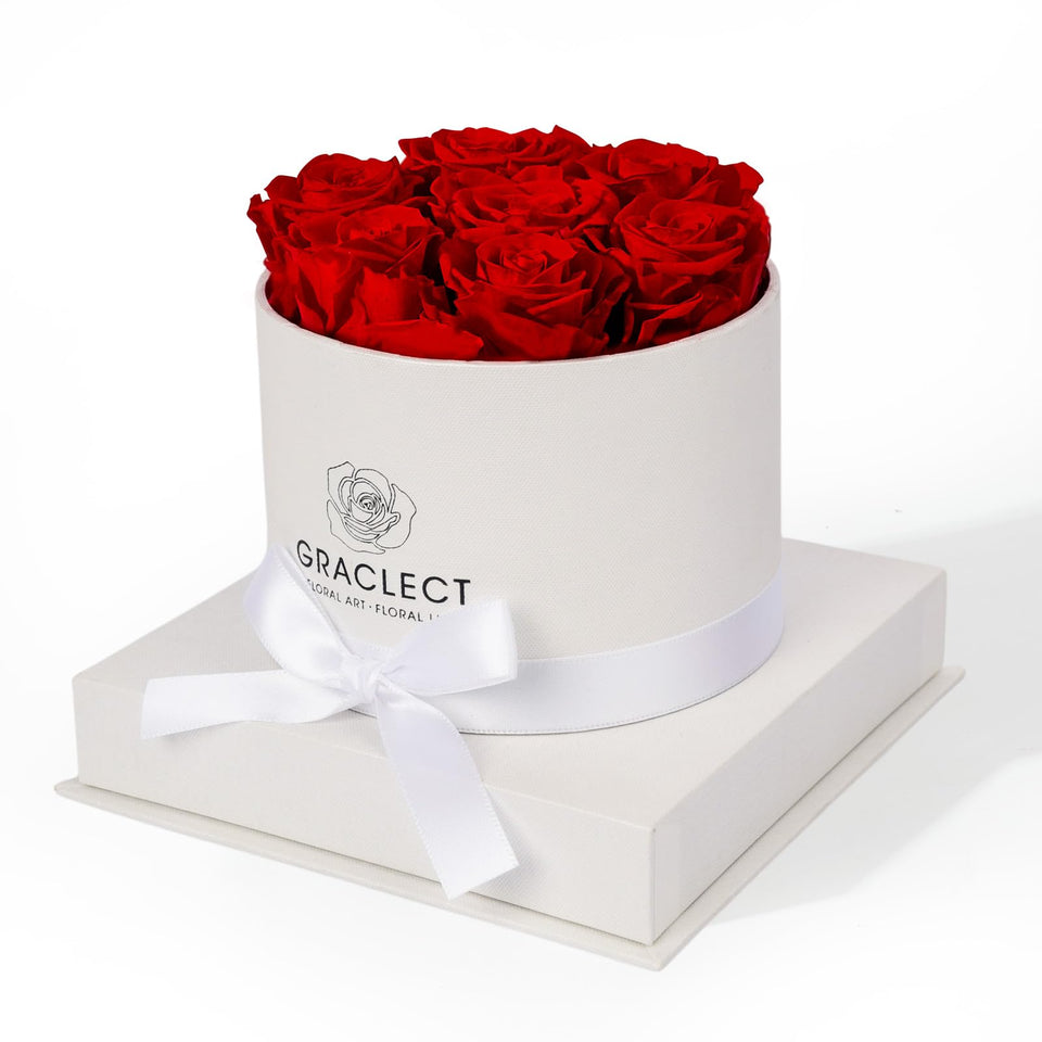 Graclect preserved red rose box, front view, a lasting romantic gift option.