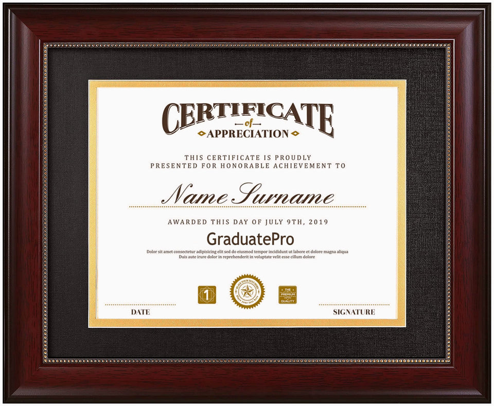 GraduatePro 8.5x11 diploma frame with black over gold mat for a polished display.