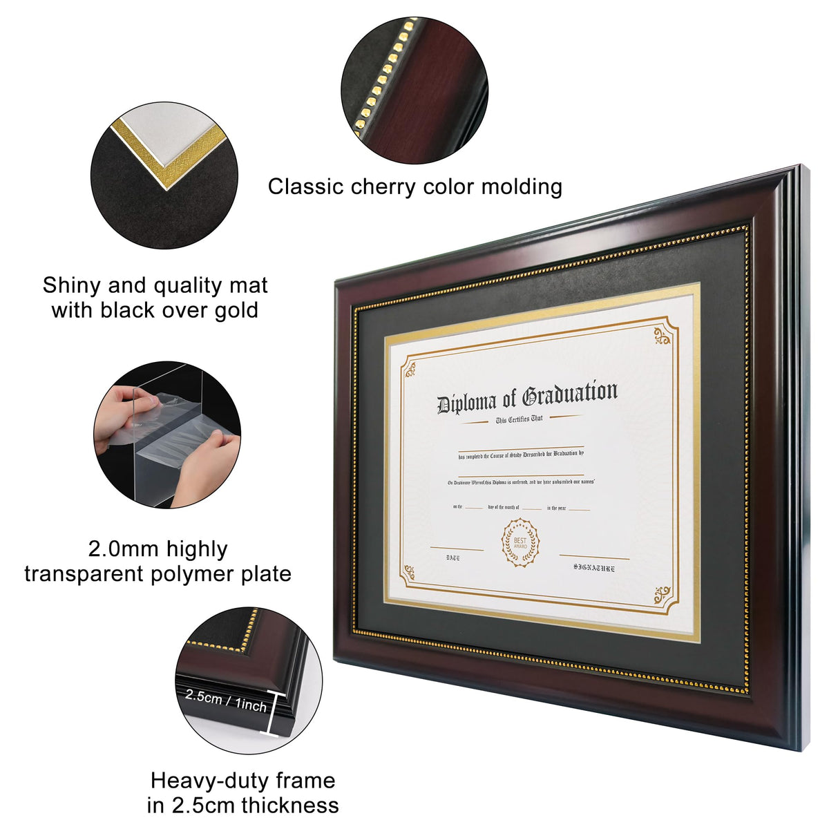 GraduatePro black over gold mat framing a certificate with elegant contrast.