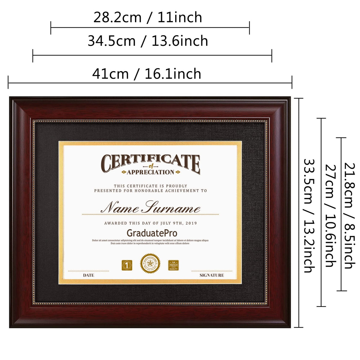 GraduatePro mahogany frame with gold beads adds a premium, heirloom feel.