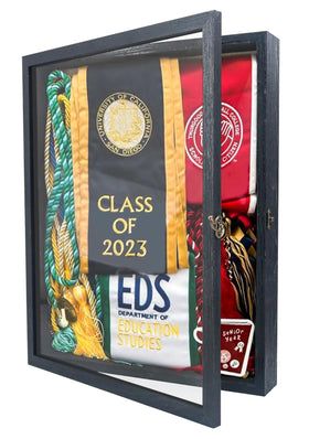 GraduatePro Shadow Box Frame with front door hinge secures and displays keepsakes