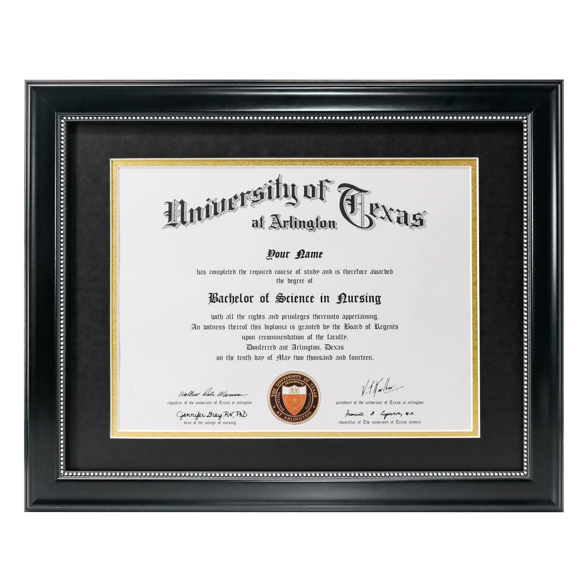 GraduationMall 8.5x11 frame with black over gold mat highlighting the certificate