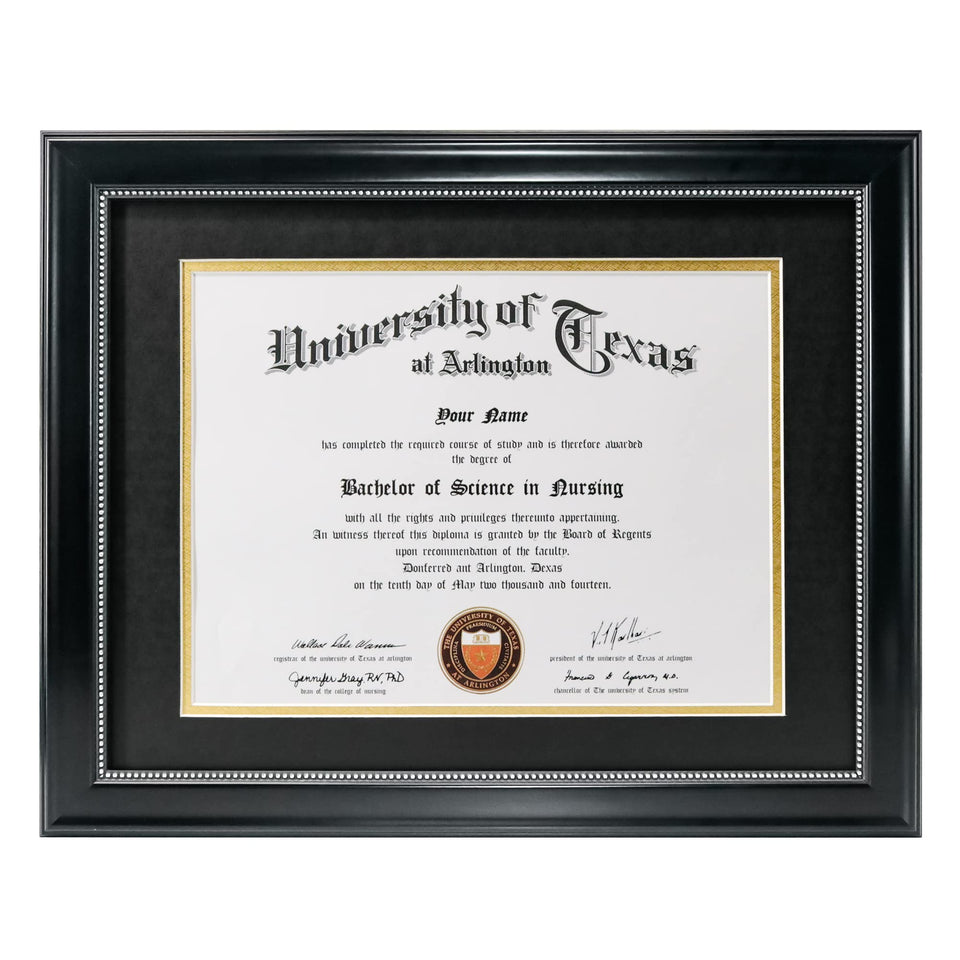 GraduationMall 8.5x11 frame with black over gold mat highlighting the certificate