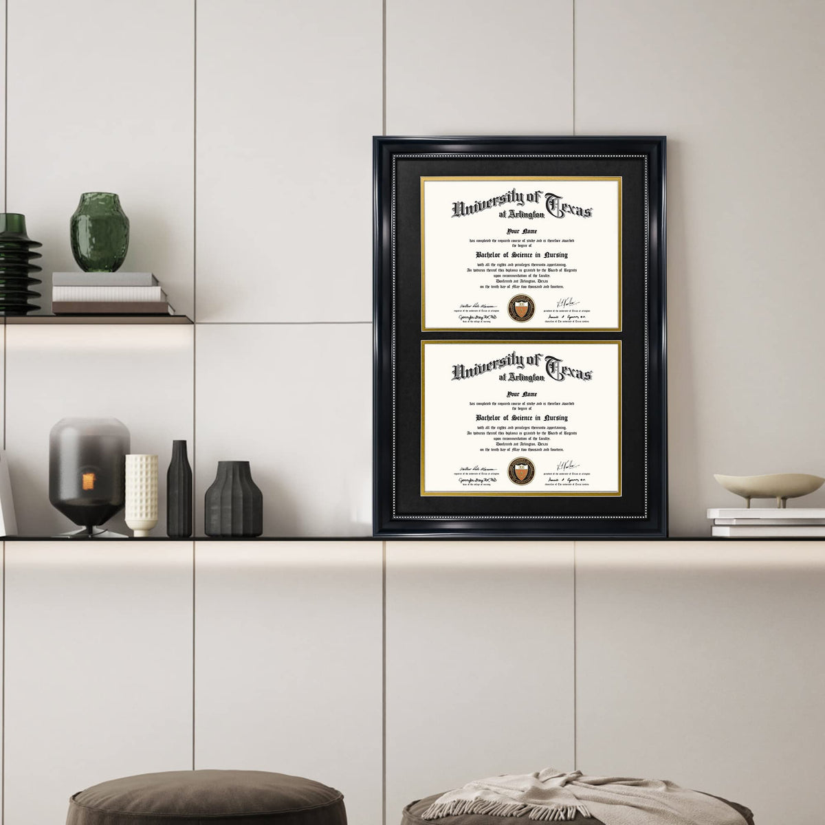 GraduationMall frame with black over gold mat detail for diplomas.
