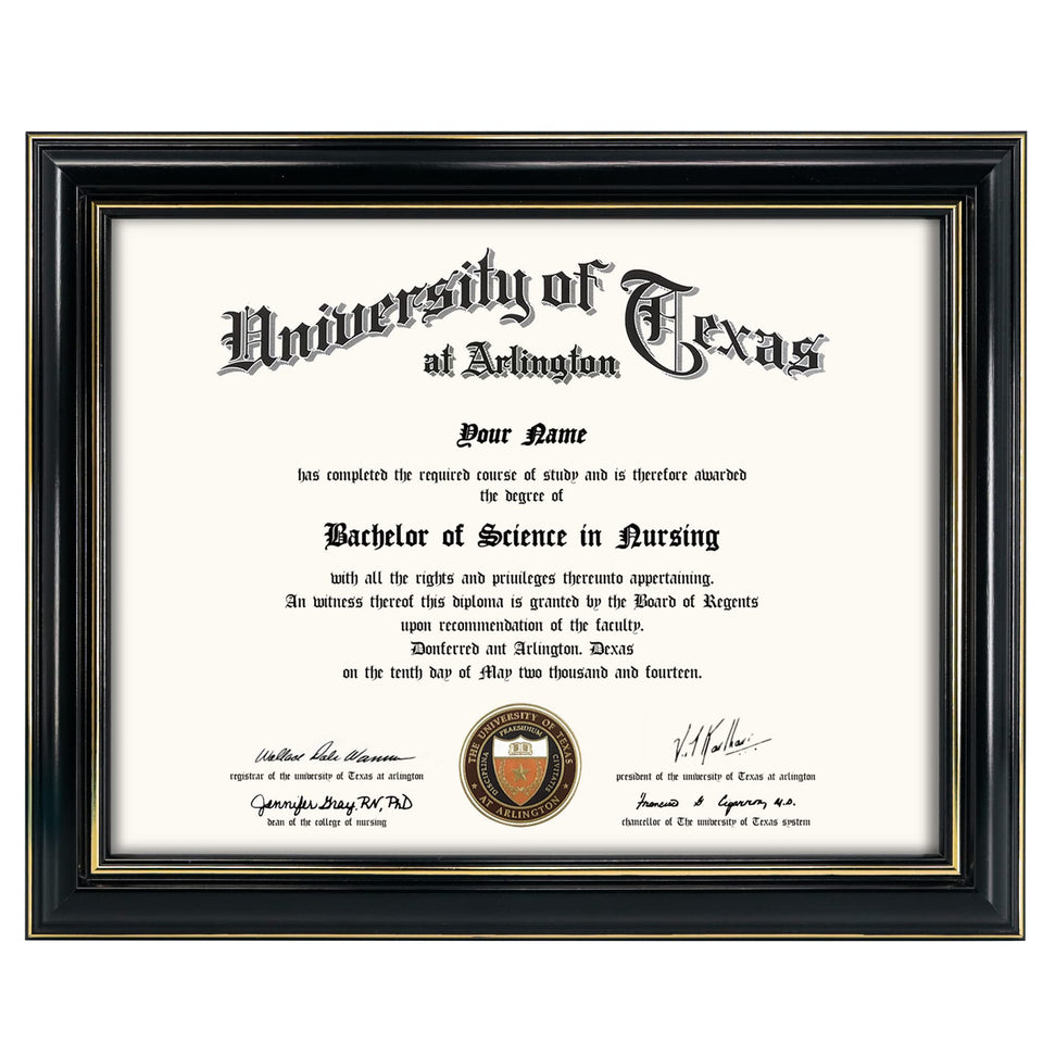GraduationMall certificate frame front view with black finish and gold trim.