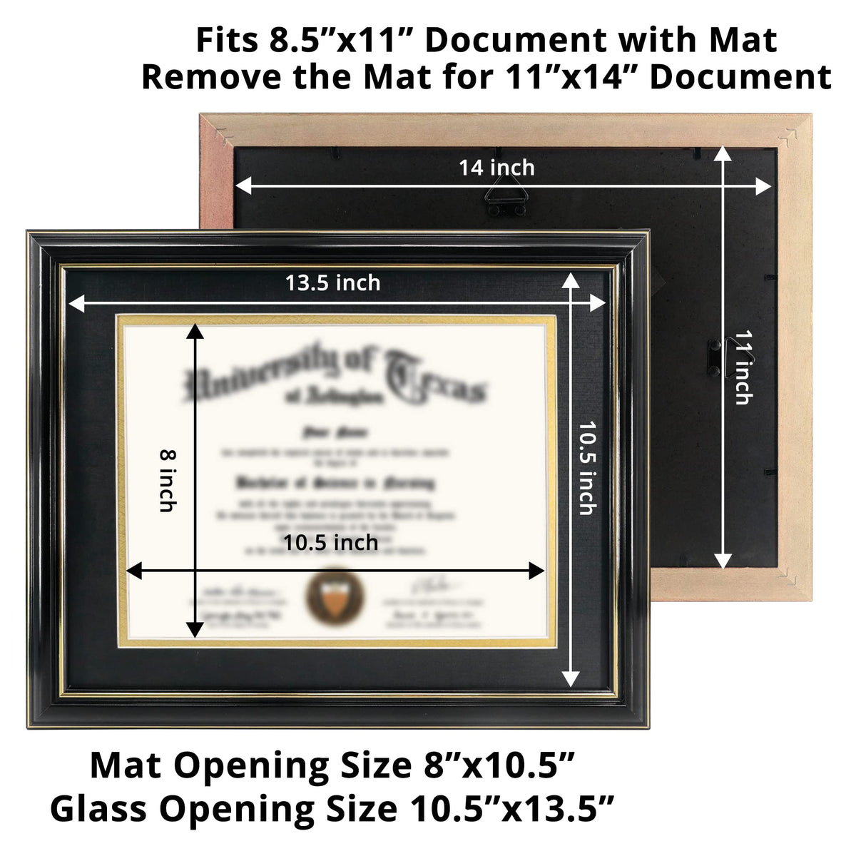 GraduationMall 8.5x11 frame with black over gold mat enhances certificate presentation