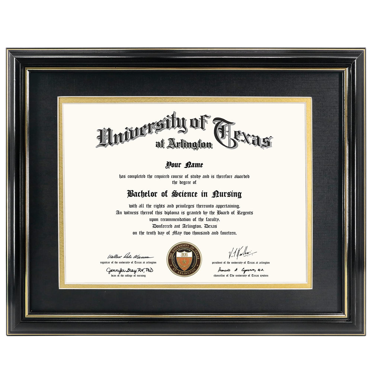 GraduationMall diploma frame front view with glossy black finish and gold trim for elegant display