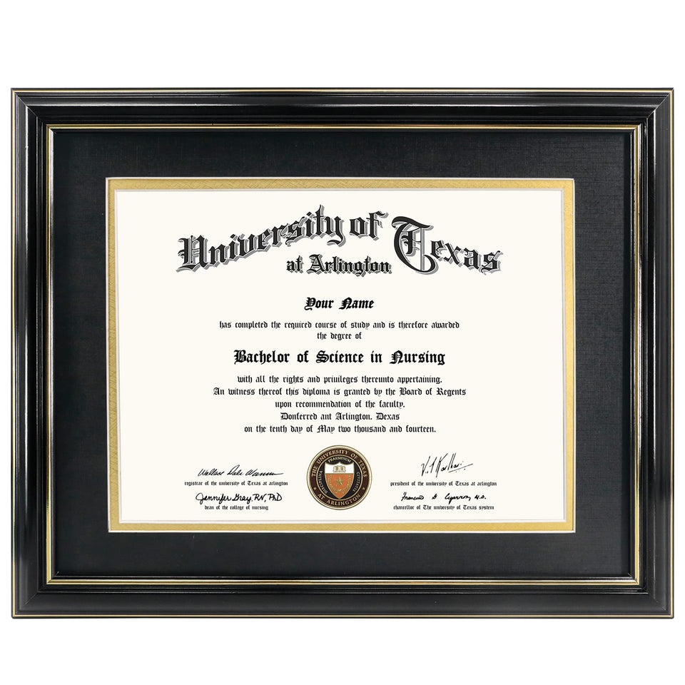 GraduationMall diploma frame front view with glossy black finish and gold trim for elegant display