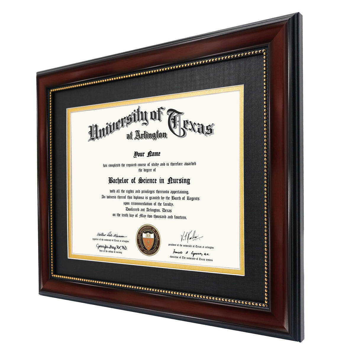 GraduationMall mahogany frame with gold beads highlights refined ceremony memories.