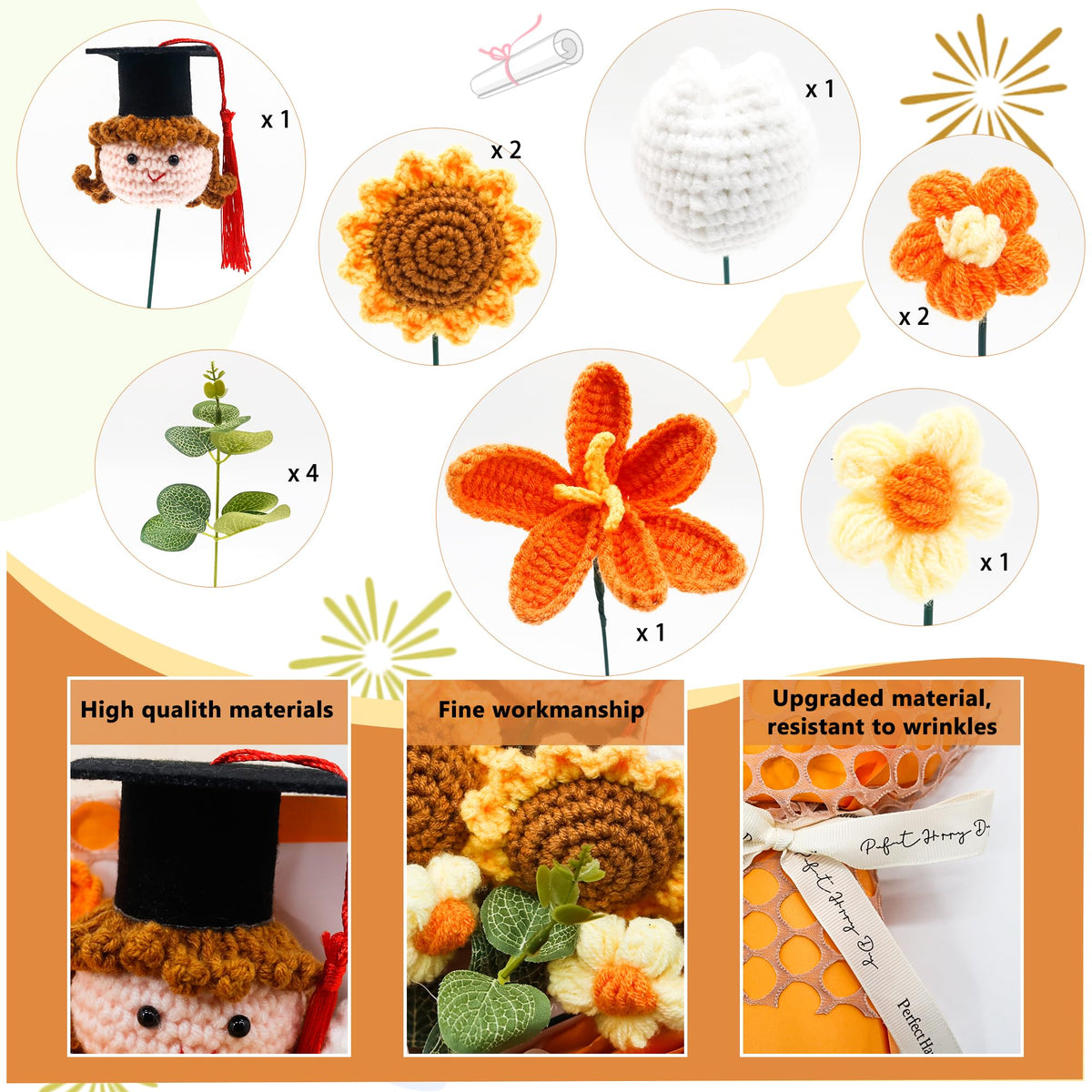 GraduationMall sunflower bouquet with card displayed on ceremony backdrop for festive photos.