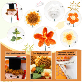 GraduationMall sunflower bouquet with card displayed on ceremony backdrop for festive photos.