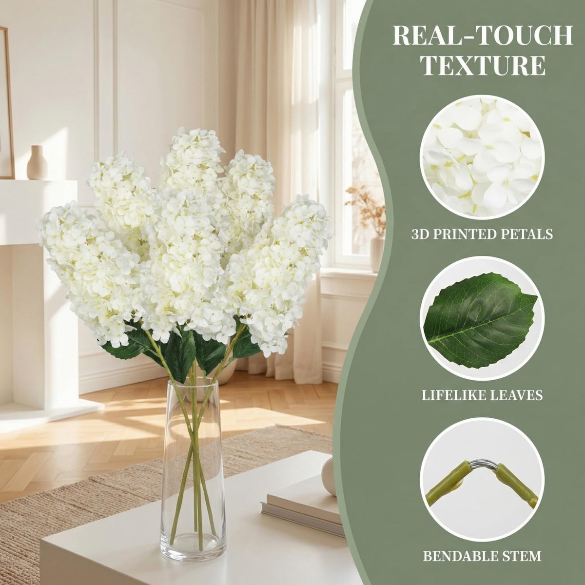 GrainBuds green leaves complement lifelike blooms.