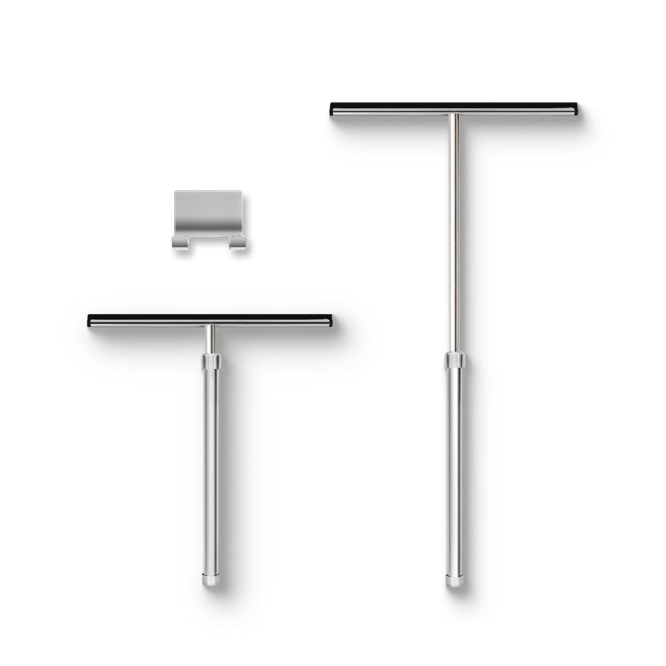 Grand Fusion shower squeegee with long handle and adhesive hook for easy bathroom cleaning