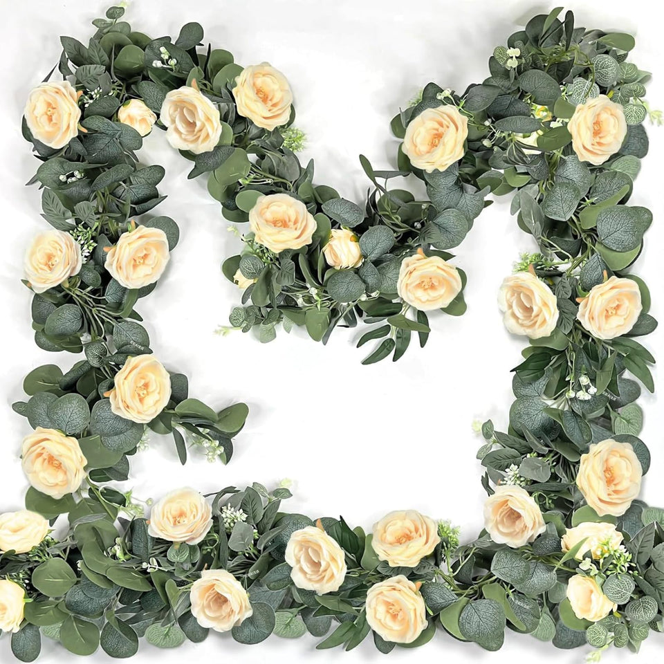 Grandeal 2-pack spring garland with eucalyptus and champagne roses for wedding arches.