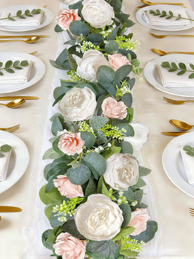 Grandeal garland close-up with white peonies and pink roses for elegant decor detail