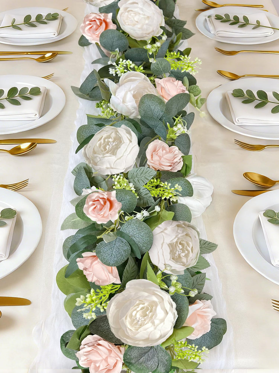 Grandeal garland close-up with white peonies and pink roses for elegant decor detail