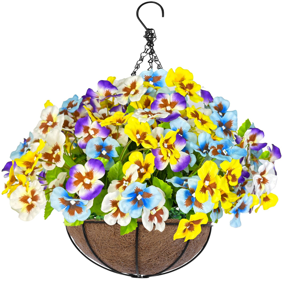 Grandeal outdoor hanging basket with realistic pansy blooms for porch decoration.