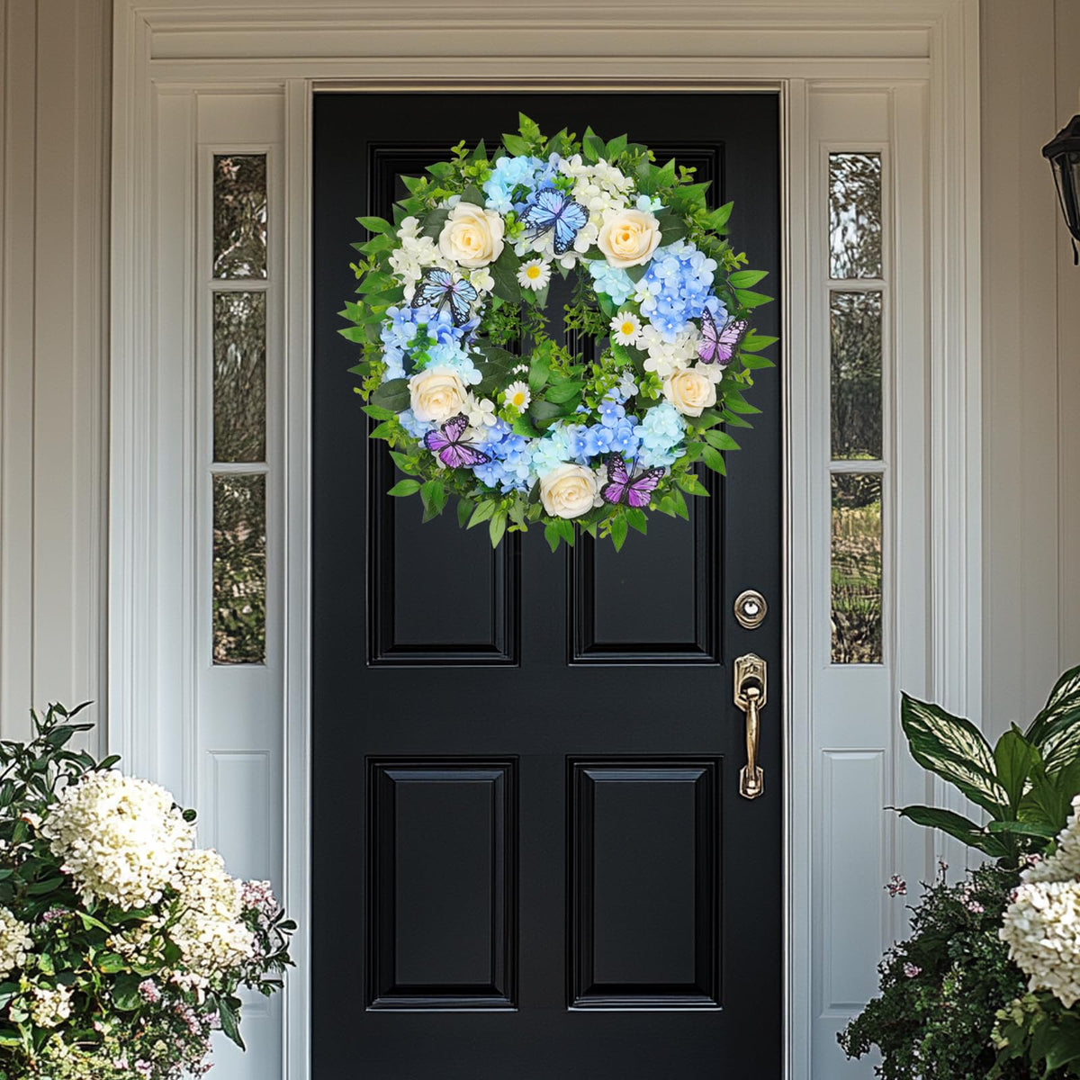 Grandeal hydrangea wreath with roses, daisies and butterflies for seasonal wall charm