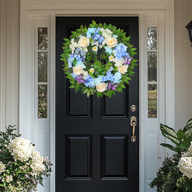 Grandeal hydrangea wreath with roses, daisies and butterflies for seasonal wall charm