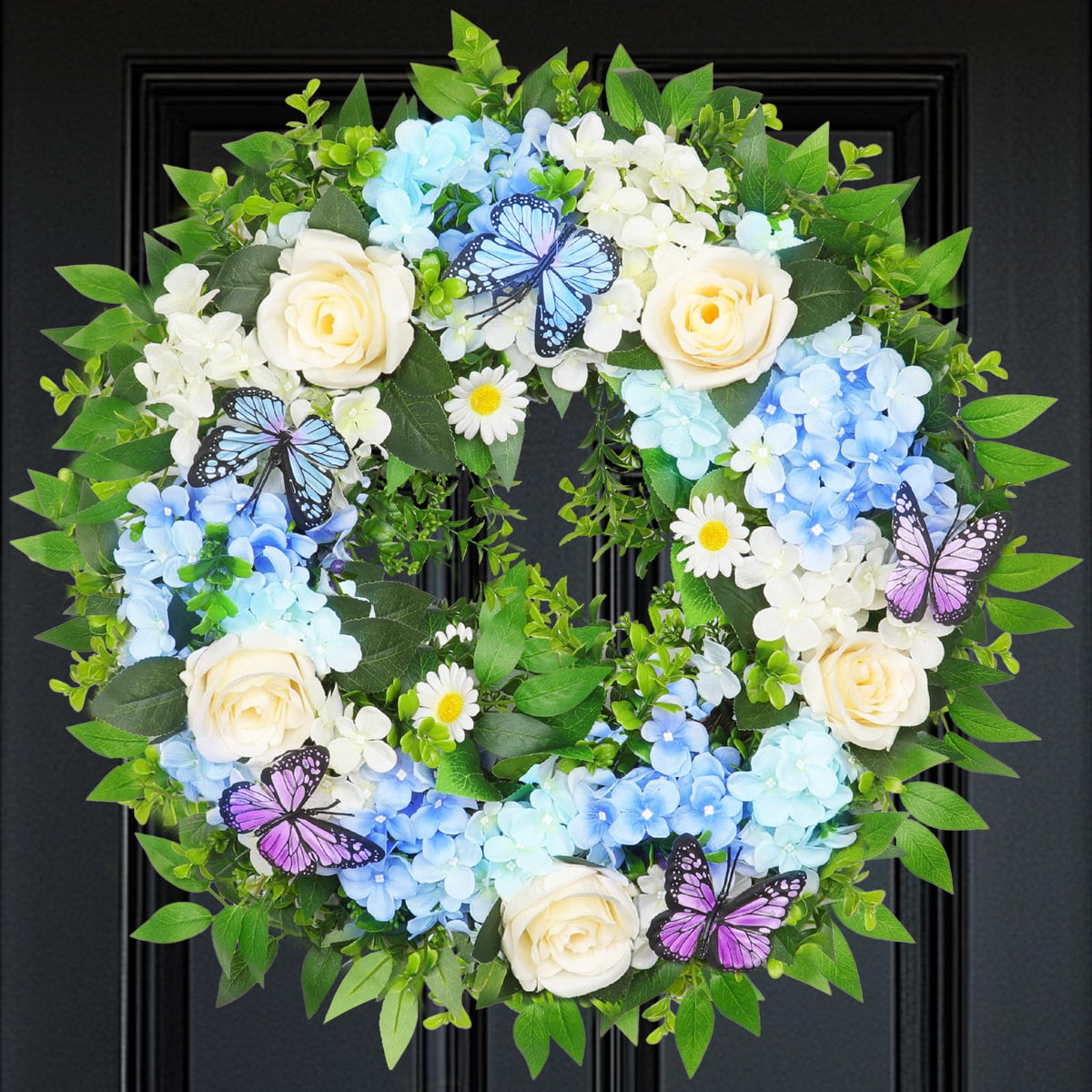 Grandeal lighted 24in wreath with blue hydrangea for a welcoming front door