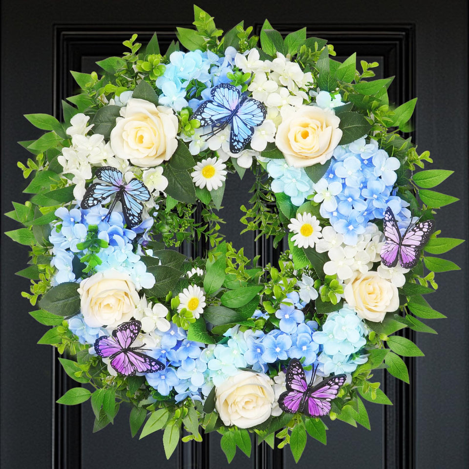 Grandeal lighted 24in wreath with blue hydrangea for a welcoming front door