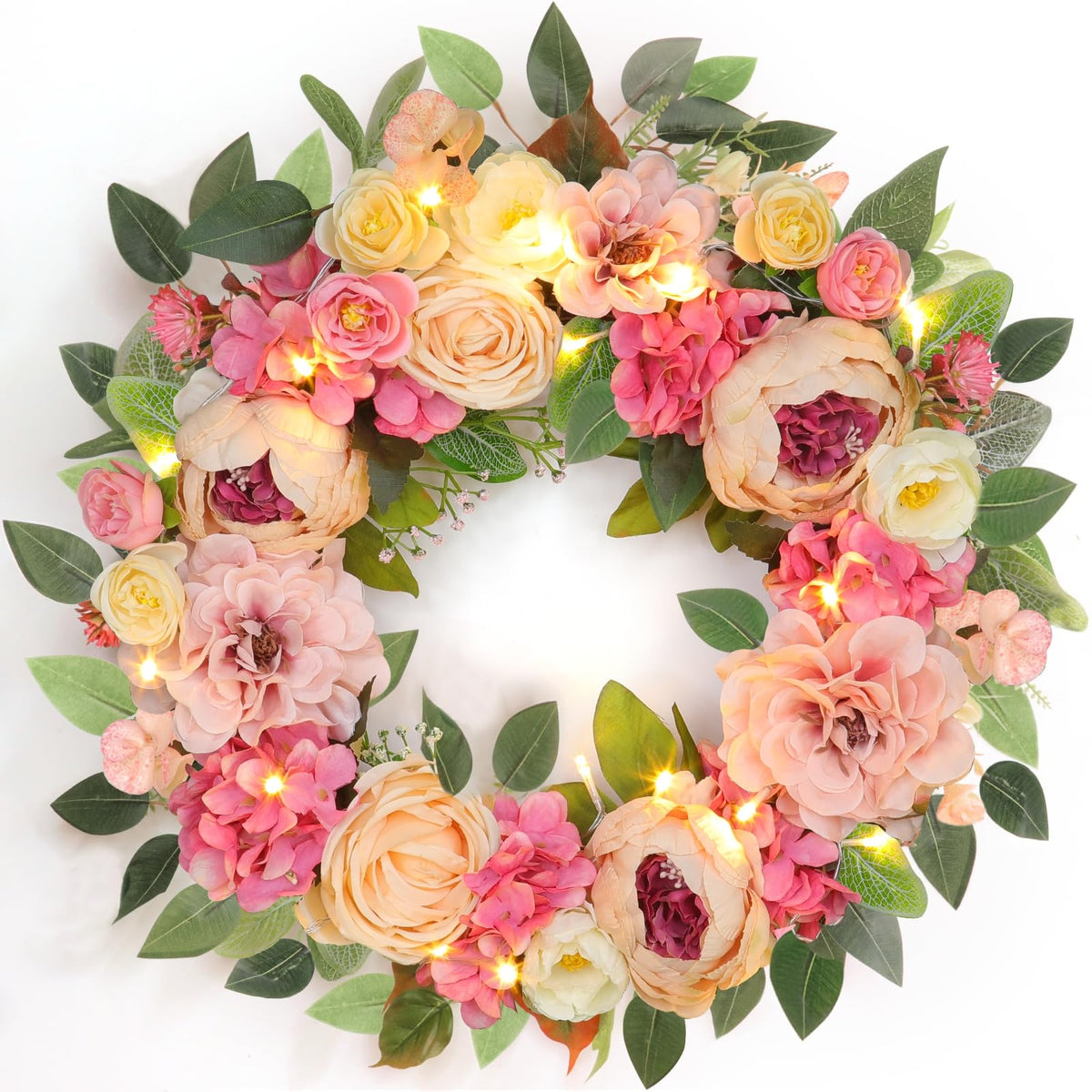Grandeal 22-inch lighted wreath for front door with a warm glow.