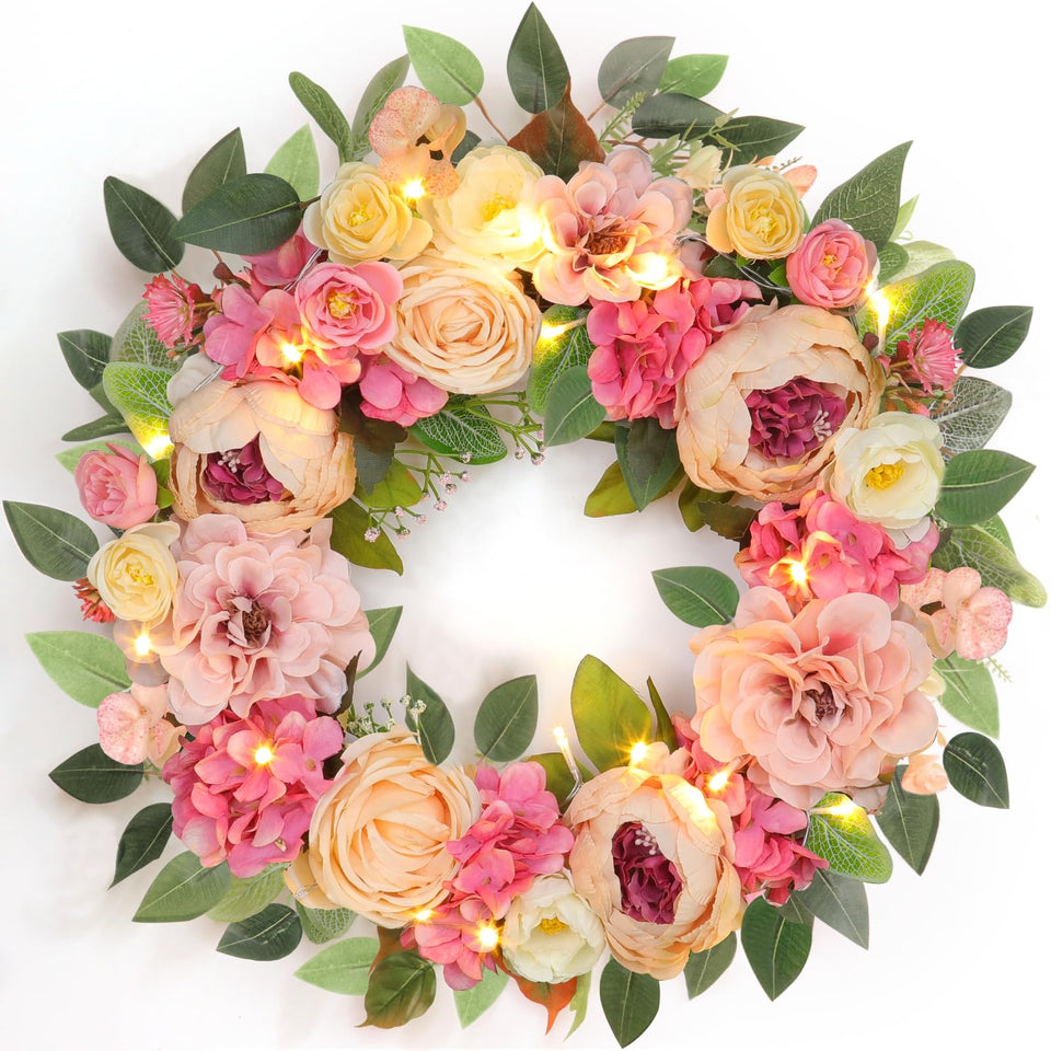 Grandeal 22-inch lighted wreath for front door with a warm glow.