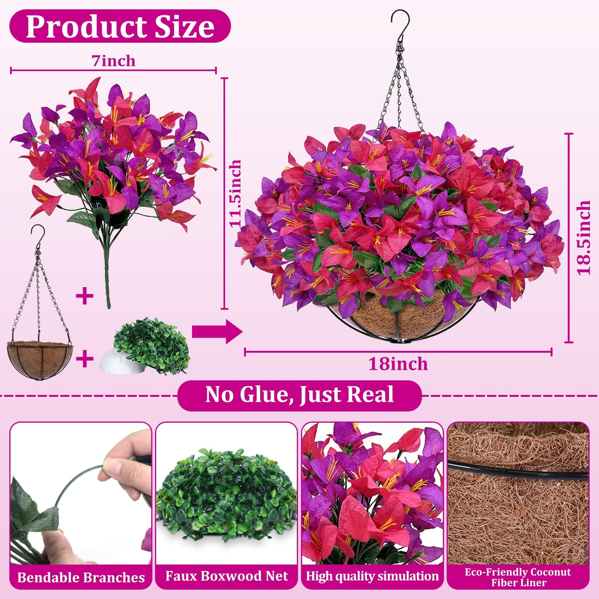 Grandeal silk bougainvillea branches in basket provide low-maintenance beauty