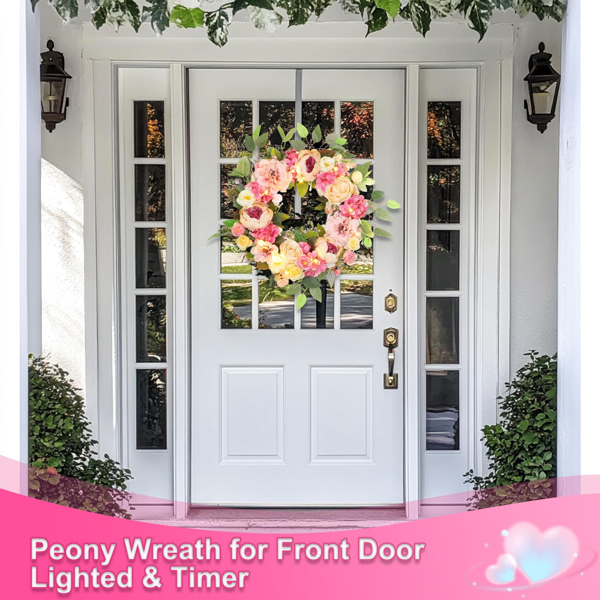 Grandeal silk leaves accent the wreath for lush greenery year-round.