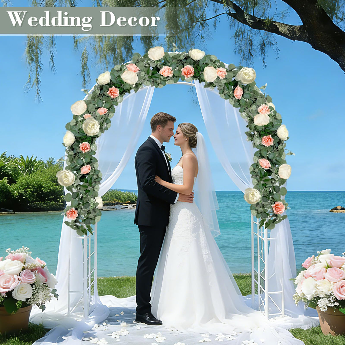 Grandeal garland on wedding arch backdrop for romantic ambiance