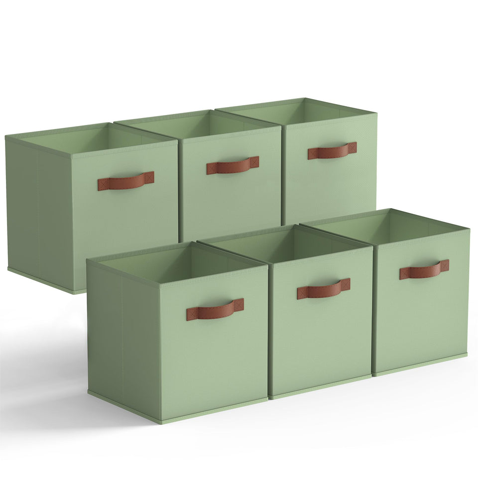 Granny Says sage green storage cubes on a shelf, enhancing tidy organization