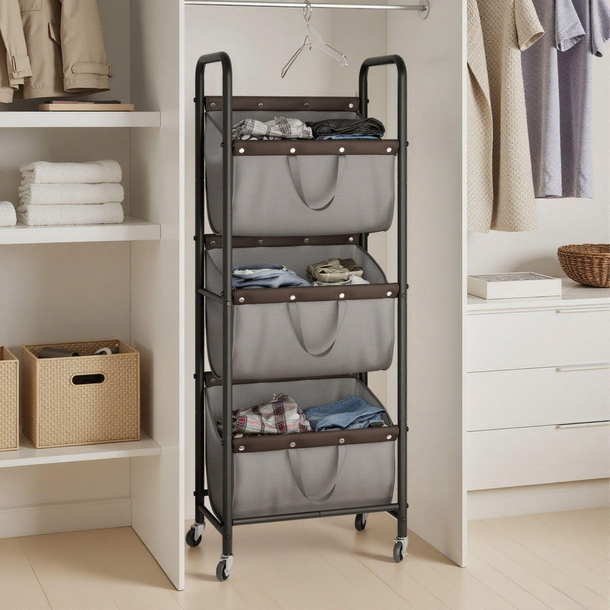 GRANNY SAYS 3-tier sorter side view shows roomy capacity for laundry.