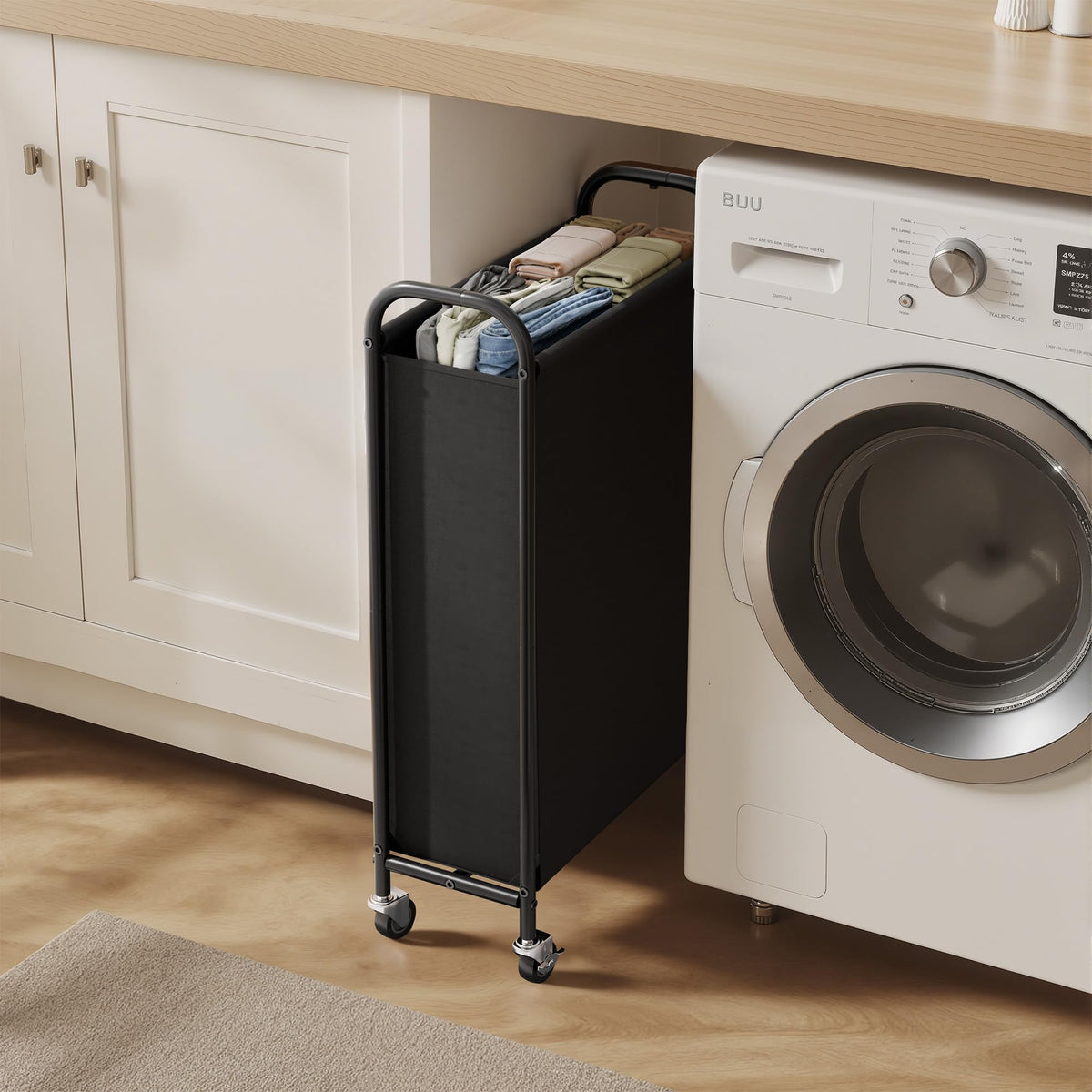 GRANNY SAYS 80L slim hamper brakes view, secure during loading