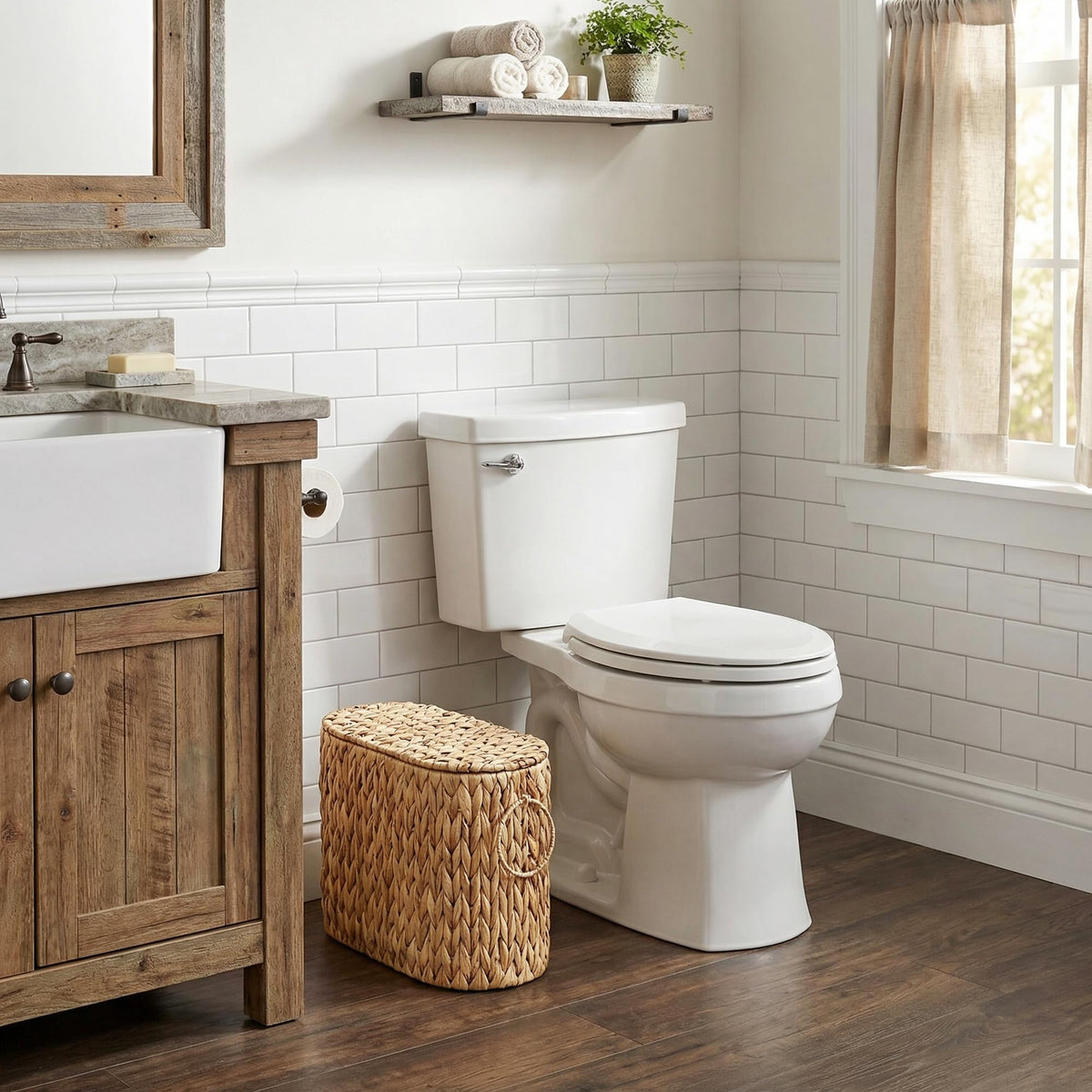 GRANNY SAYS compact-design basket fits narrow corners beside the toilet