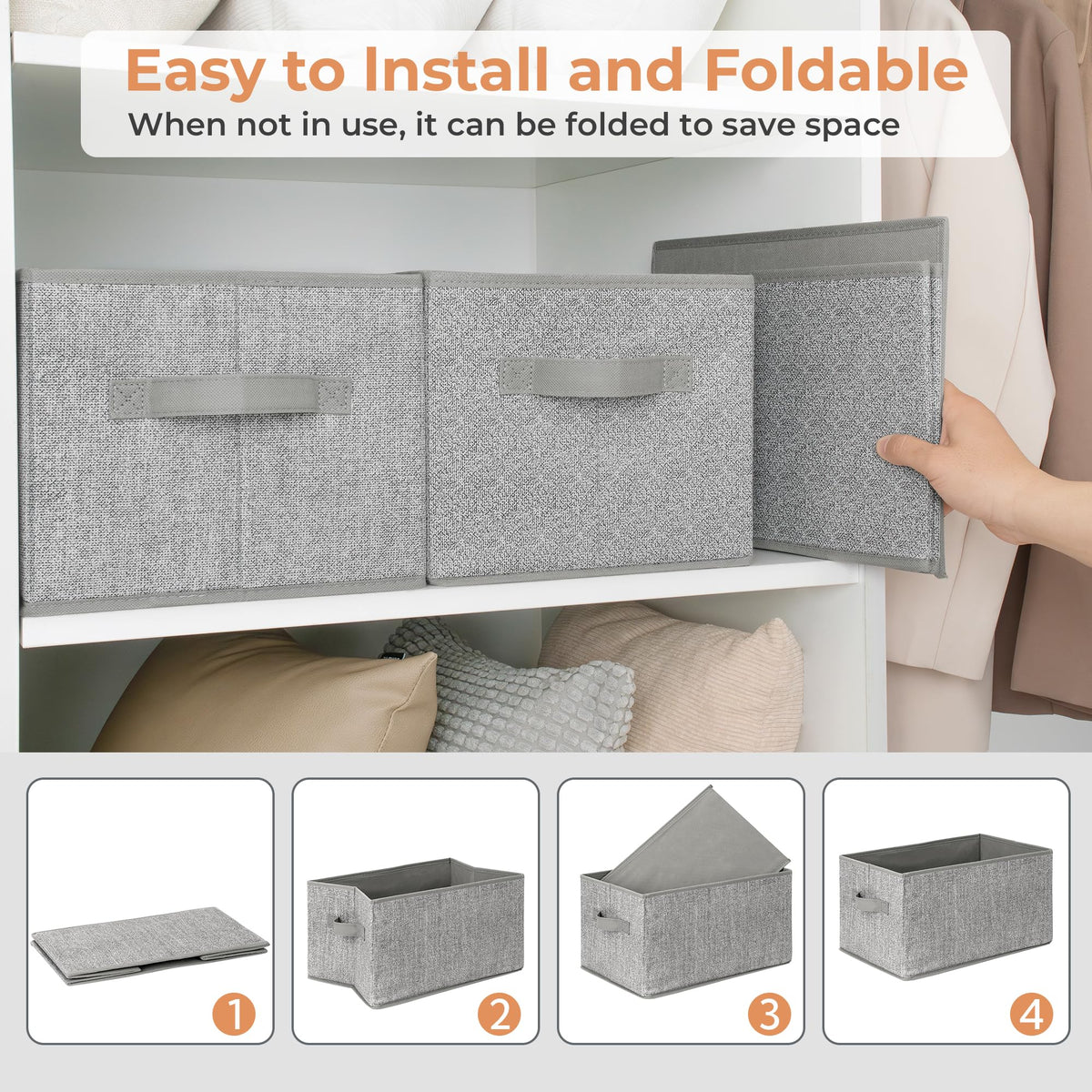 GRANNY SAYS gray closet bin folded flat saves space when not in use.