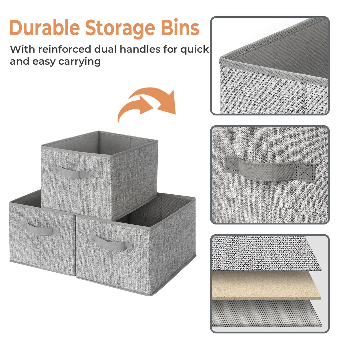 GRANNY SAYS gray fabric bin shows two handles for easy pulling from shelves.