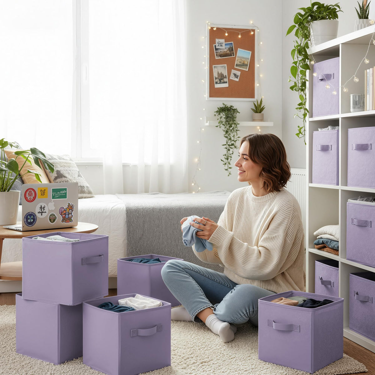 GRANNY SAYS lavender bin on a closet shelf maintaining upright shape.