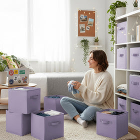 GRANNY SAYS lavender bin on a closet shelf maintaining upright shape.