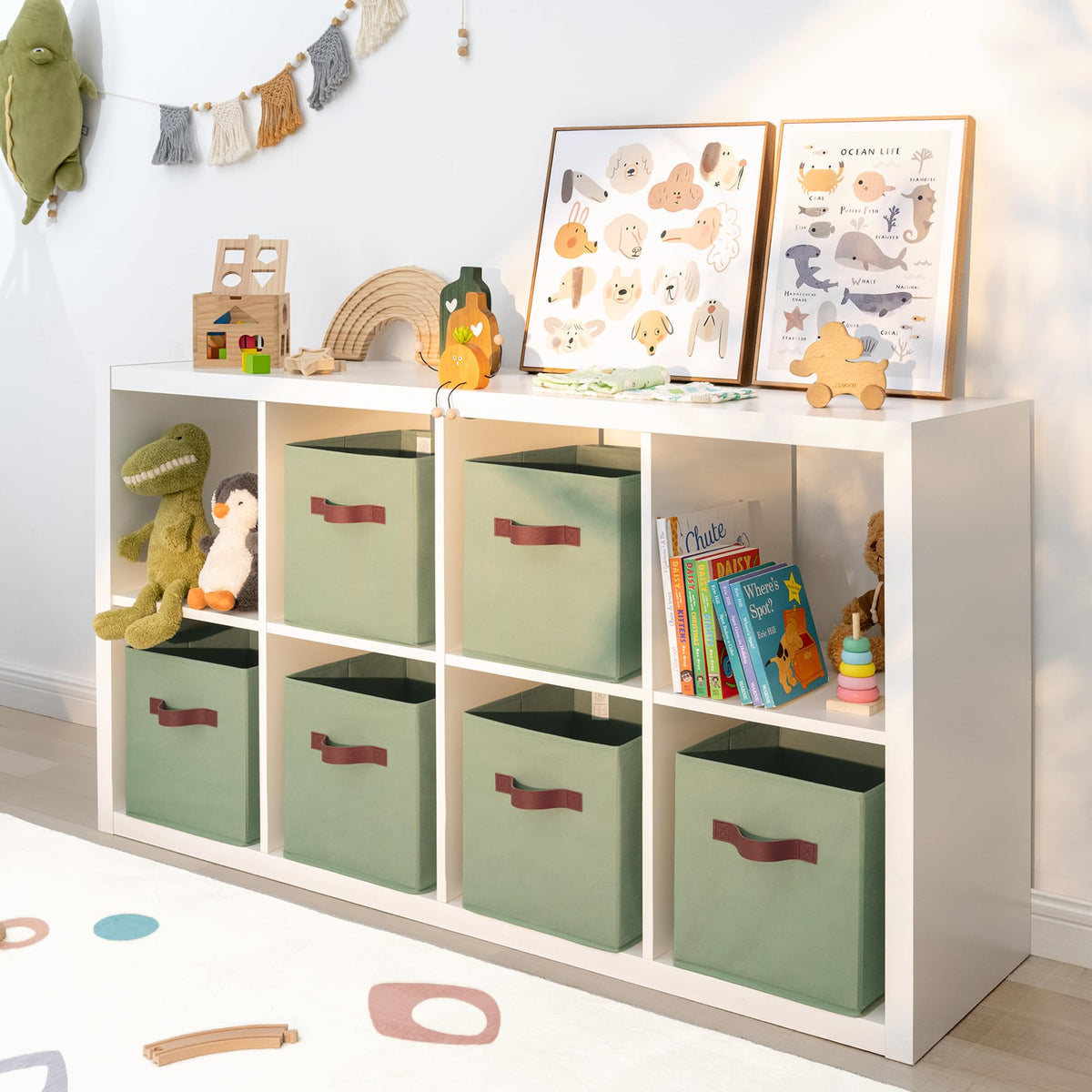 GRANNY SAYS cube storage bin with reinforced front handle for easy transport.